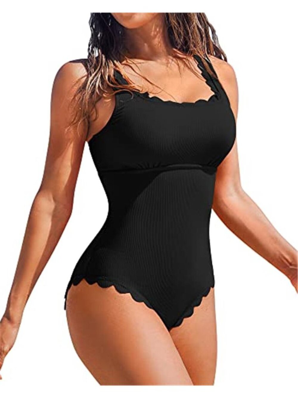 Womens One Piece Swimsuit Scalloped Ribbed Bathing Suit Tummy Control